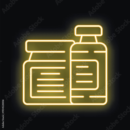 Glowing neon sign representing a medical prescription with a pill bottle, symbolizing healthcare and pharmaceuticals