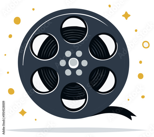 Cartoon illustration of a movie film reel with gold sparkles representing cinema