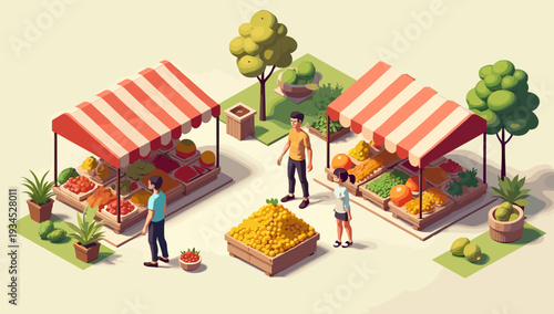 A charming, digitally-rendered isometric illustration of a market stall bursting with fresh produce. Perfect for websites, blogs, or marketing materia