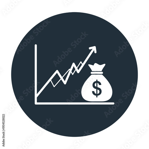 Money bag with upward trending graph symbolizing financial growth and investment success isolated on dark circular background