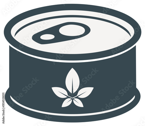 Illustration of a sealed food can with a leaf symbol on a dark blue background