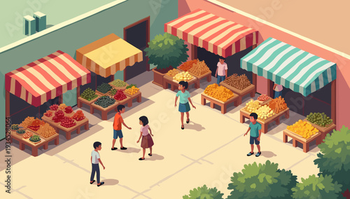 A charming isometric illustration of a market stall overflowing with colorful sweets. Perfect for representing small business, local markets, or a coz