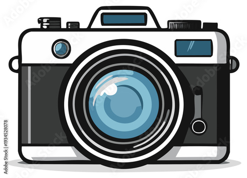 Illustration of retro camera with blue lens detail art, design concept, and vintage aesthetic