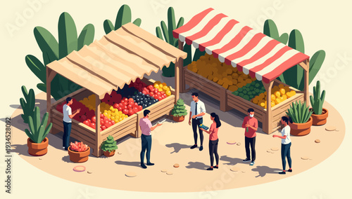 A vibrant, digitally illustrated market scene evokes a sense of community and healthy living. Ideal for representing local businesses, organic product
