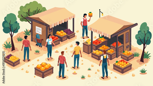 A cheerful illustration depicts a man strolling towards a bountiful fruit stand, evoking a sense of healthy living and local market vibes. Suitable fo