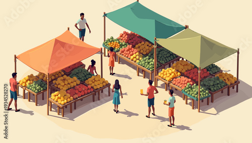 This vibrant illustration depicts a vendor at a tropical fruit stand, evoking feelings of warmth and abundance. Ideal for content related to agricultu