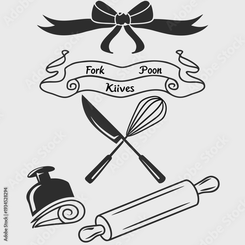 Set of kitchen tools and cutlery line art vector illustration, cooking utensils isolated on white background, baking equipment