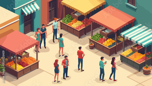 A vibrant, illustrated market stall filled with fresh produce evokes a sense of abundance and local commerce. Ideal for blog posts, articles about hea