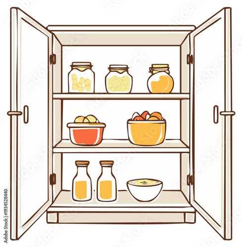 Cartoon kitchen cabinet with jars and bowls of food, open doors reveal contents, vector.