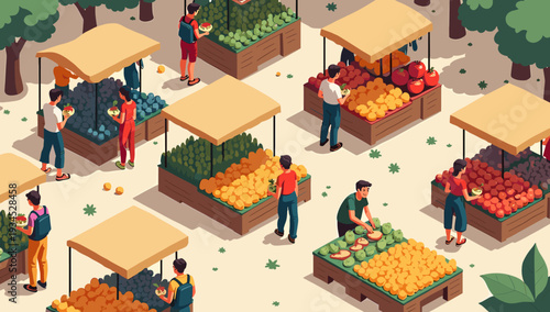 A cheerful illustration depicting people at a farmers market, perfect for conveying themes of local sourcing, healthy living, or community events. Evo