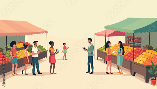 A bright, cheerful illustration depicting people browsing fresh produce at an outdoor market. Ideal for concepts related to healthy living, local busi