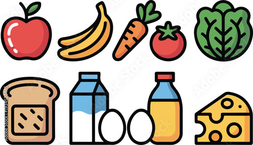 Set of healthy food essentials including fruits, vegetables, dairy, and bakery items in outline flat design.