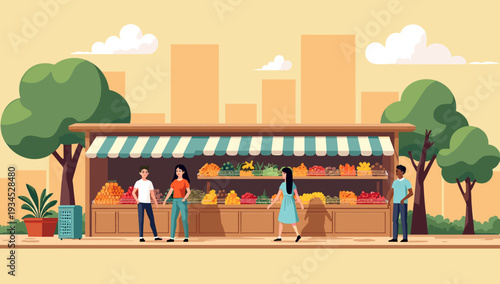 A charming illustration evoking feelings of tranquility and local commerce. Perfect for depicting small businesses, farmers markets, or community even