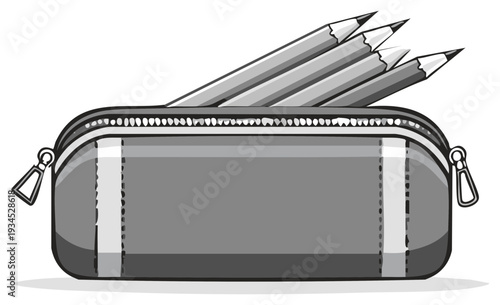 Gray pencil case with sharpened pencils, stationery supplies for drawing and writing, vector illustration