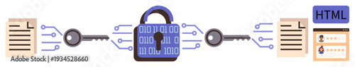 Cybersecurity, data encryption, online privacy, secure file transfer, information protection, coding security. Lock with binary code, keys and digital files. Cybersecurity and data encryption