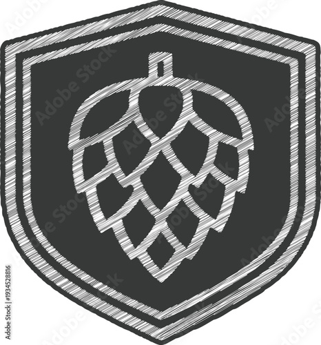 Brewery Emblem: Stylized Hop Cone within Shield - Craft Beer, Brewing Industry, Bar Emblem Icon