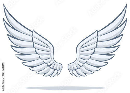 Elegant White Angel Wings Spread Open Soaring Against a White Background