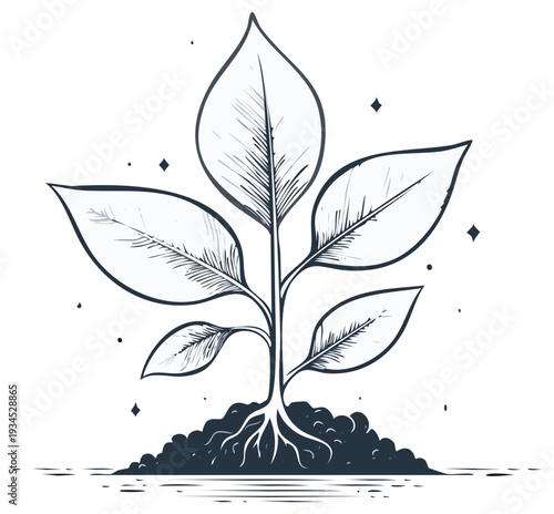 Hand Drawn Sketch of a Growing Plant with Roots and Leaves Emerging from Soil