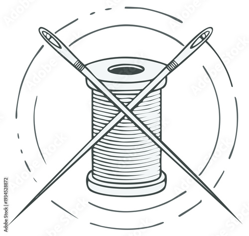 Crossed sewing needles and thread spool emblem with circular dashed lines and abstract outlines