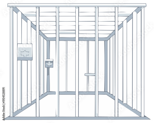 Cartoon illustration of a jail cell interior with bars and a small service window.