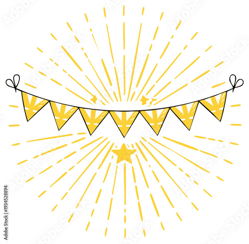 Drawn starburst background with pennant banners, string of flags, festive decoration