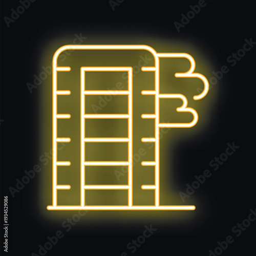 Glowing neon line building with smoke coming from roof icon isolated on black background vector illustration