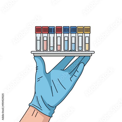 Hand in blue glove holding tray with colorful test tubes, medical research, laboratory samples