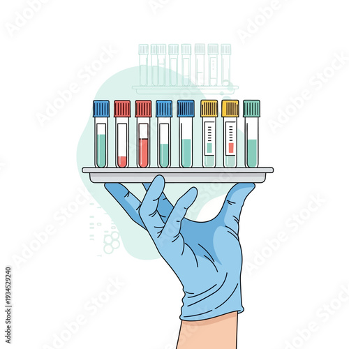 Hand in blue glove holding tray with test tubes, medical research, laboratory samples