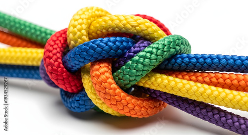 Several vibrantly colored ropes are intricately tied together in a tight knot.