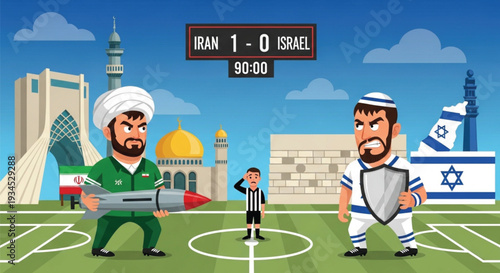 Iran versus Israel geopolitical tension illustrated with military symbols and national flags on soccer field showing rivalry