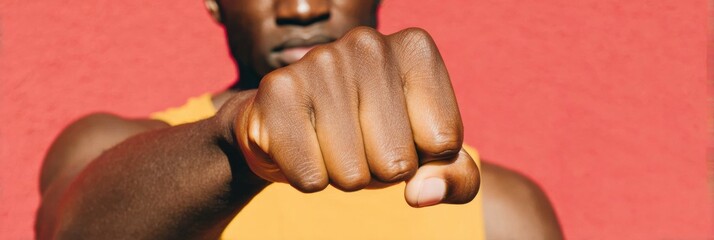 Clenched Fist of African American Man Raised in Gesture of Strength and Empowerment Against Red Wall for Juneteenth Social Advocacy with Copy Space