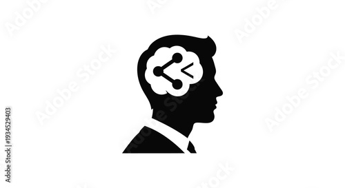 A stark black silhouette of a man s head with a connection symbol inside representing thought and networking silhouette