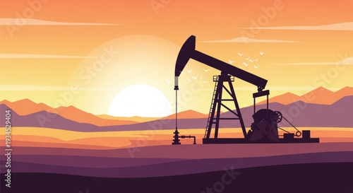 Oil pump jack silhouette at sunset in desert landscape symbolizing energy industry and fossil fuels production