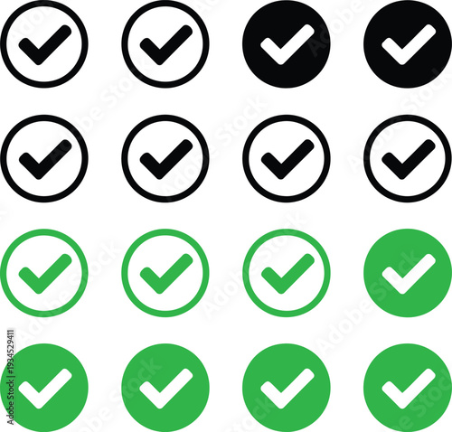Visual representation of checked and unchecked circular icons in black and green colors Vector