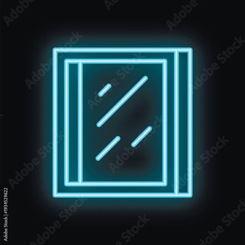 Blue neon sign illustrating a window with broken glass, perfect for themes of vandalism or urban decay