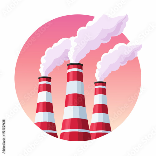 Factory releases smoke into the air from three tall chimneys under a pink sky at sunset