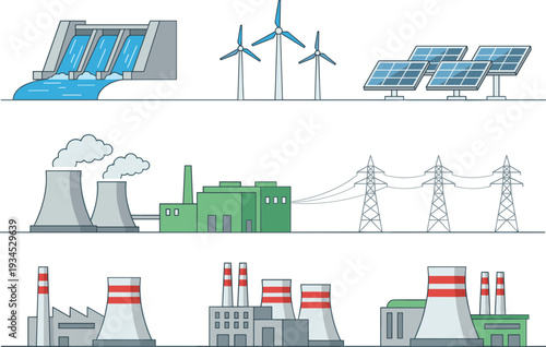 Set of flat vector illustrations featuring renewable energy sources like wind solar hydro and industrial power plants including nuclear and coal