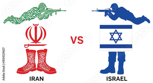 Iran versus Israel soldiers and flags symbolizing military conflict and national struggle with weaponry