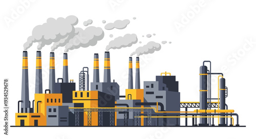 Industrial factory with smoking chimneys symbolizing manufacturing pollution and heavy industry production