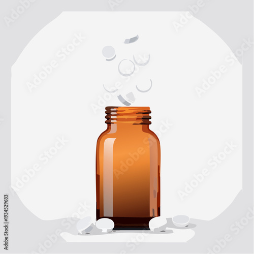 Brown glass bottle with white tablets falling around it on plain background during daytime