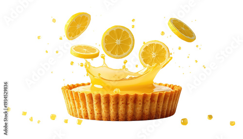 A lemon tart with lemons and juice splashing on transparent background