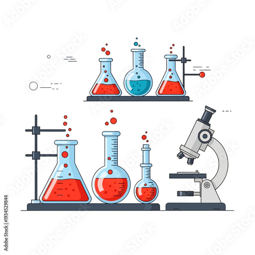 Laboratory equipment: flasks, beakers, and microscope for science research and experiments