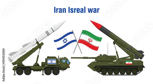 Iran Israel war illustration showing military confrontation with missiles tanks flags and a clear depiction of conflict between two nations