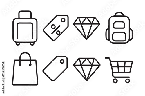 Collection of simple black line icons representing travel and shopping