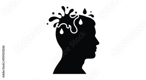 A striking black profile of a human head is adorned with swirling shapes resembling water or thoughts silhouette
