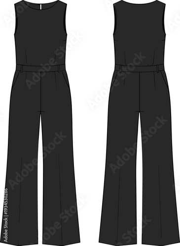 Fashion illustration, sleeveless jumpsuit design, technical drawing, front and back view, wide-leg trousers, fitted bodice, waistband, pleats, zipper detail