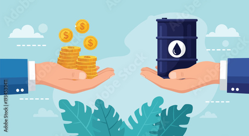 Hands exchanging money for oil barrel illustrating oil market economy global trade and financial transaction for energy resources