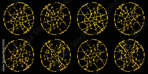 Golden cracked circle patterns arranged in a symmetrical grid formation
