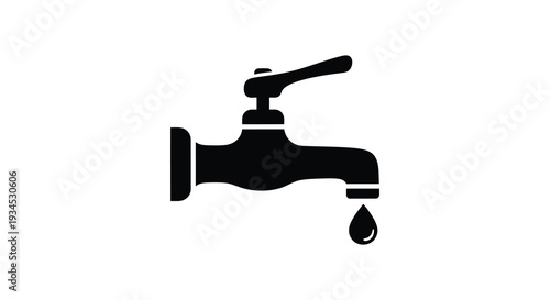 A stark black silhouette depicts a water faucet with a single dripping drop creating a minimalist image silhouette