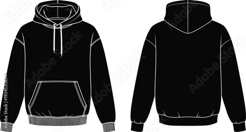 Black hooded sweatshirt fashion flat sketch, front and back views, drawstring hood, kangaroo pocket, ribbed cuffs, apparel technical illustration